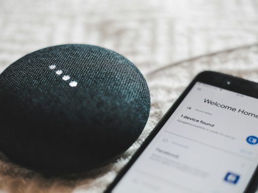 turned-on charcoal Google Home Mini and smartphone